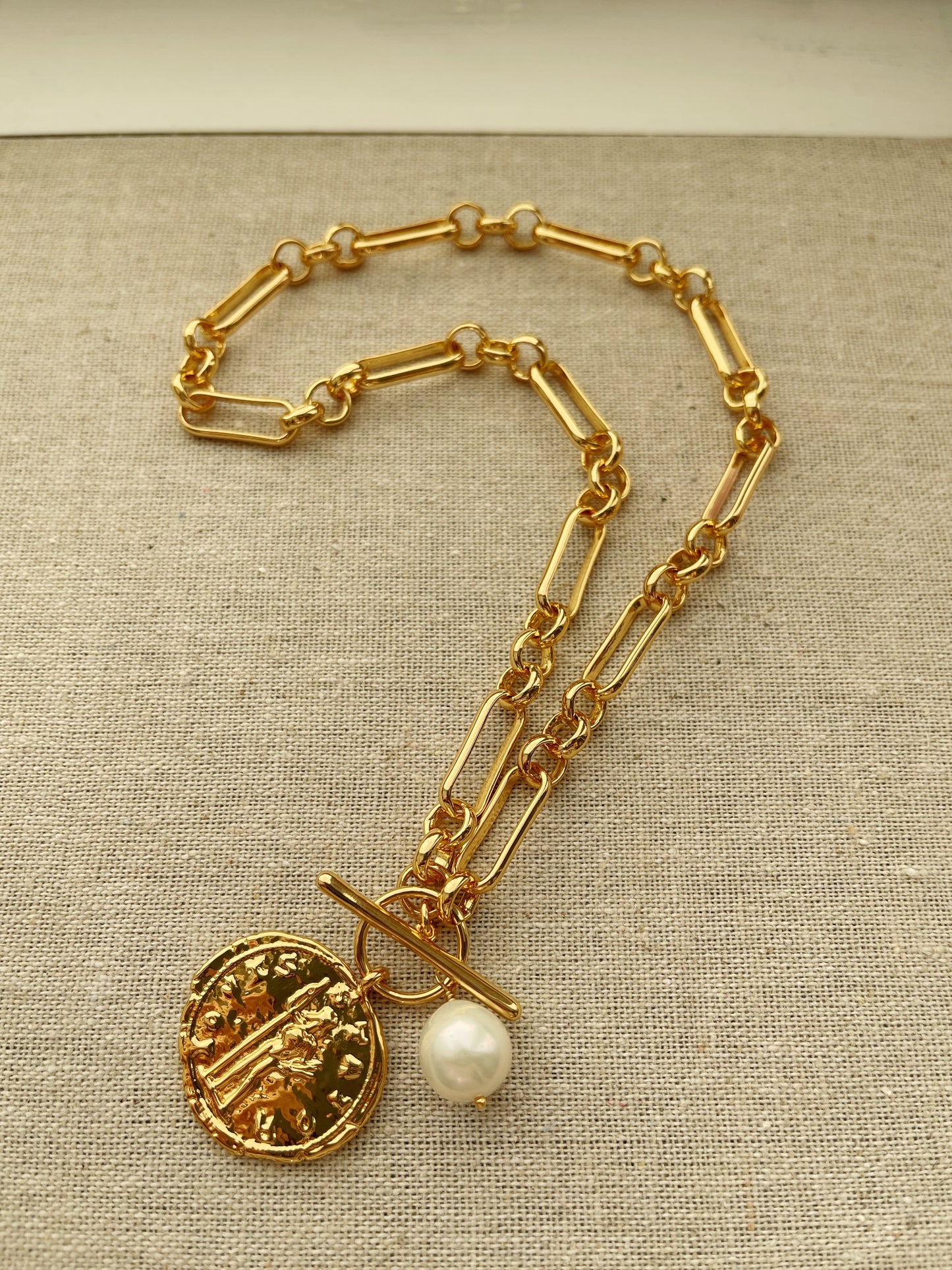 18k Gold Plated Coin Necklace with Small White Pearl