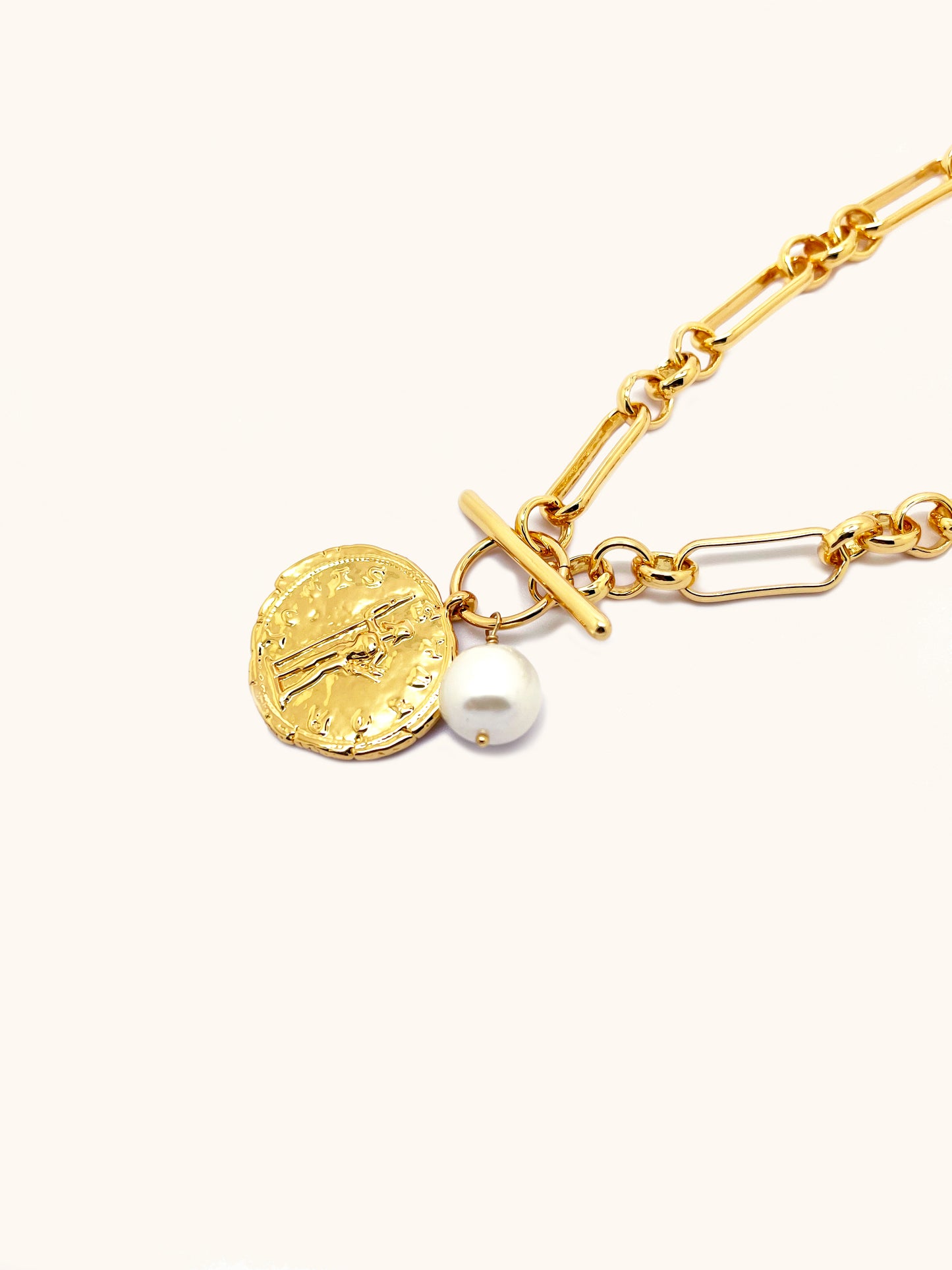 18k Gold Plated Coin Necklace with Small White Pearl