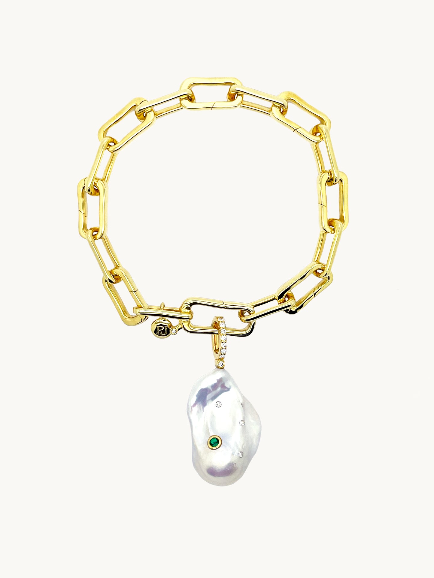 18k Gold Vermeil Link Bracelet with Green Diamond Pearl