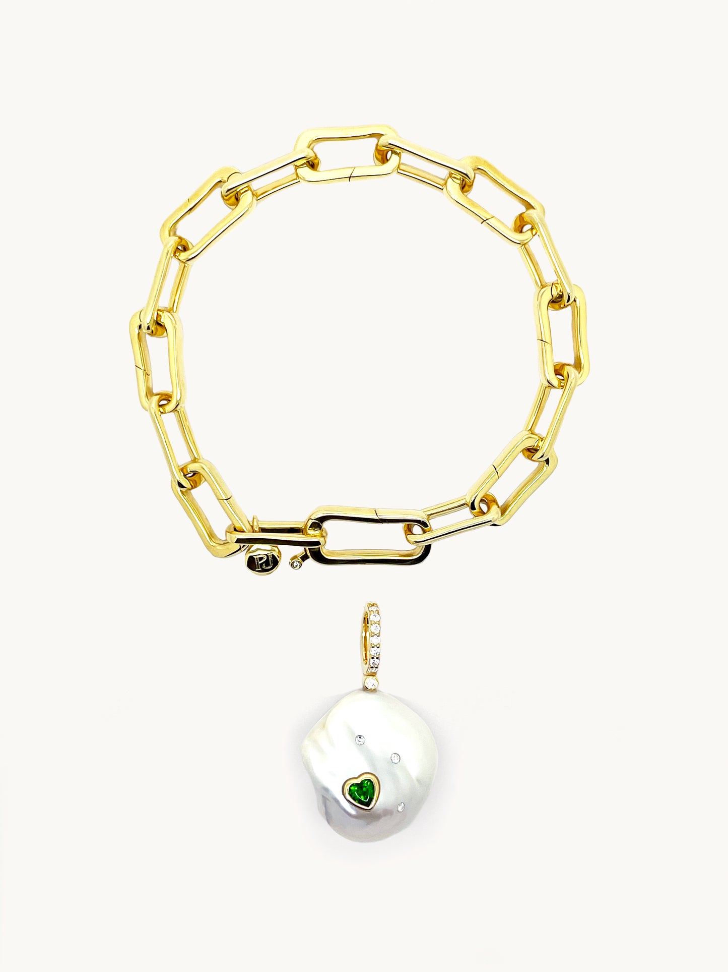 18k Gold Vermeil Link Bracelet with Green Diamond Pearl