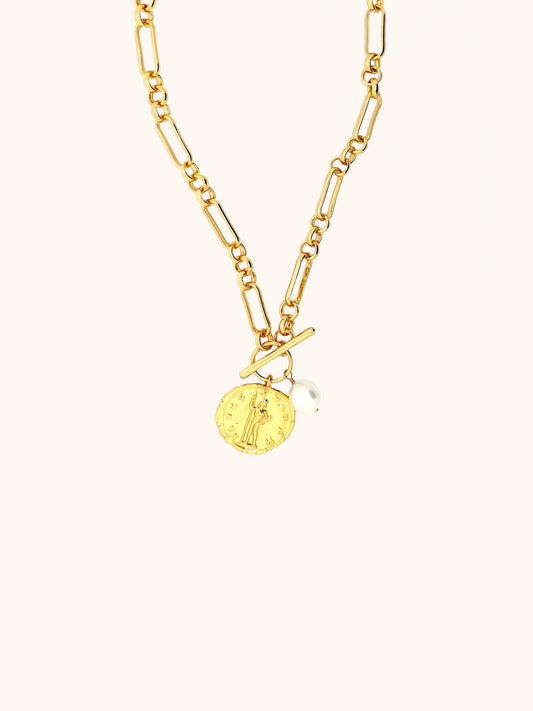 18k Gold Plated Coin Necklace with Small White Pearl