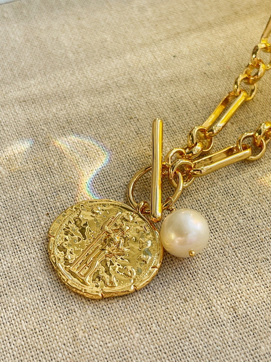 18k Gold Plated Coin Necklace with Small White Pearl