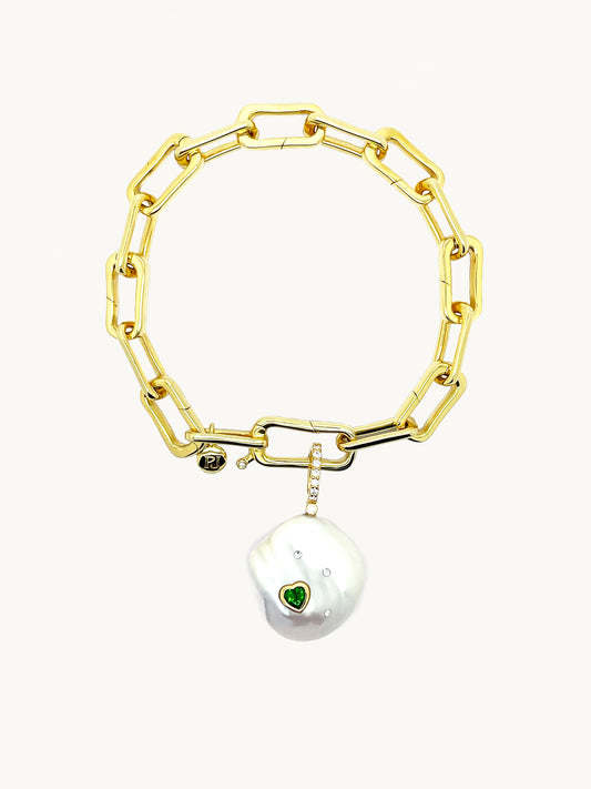 18k Gold Vermeil Link Bracelet with Green Diamond Pearl