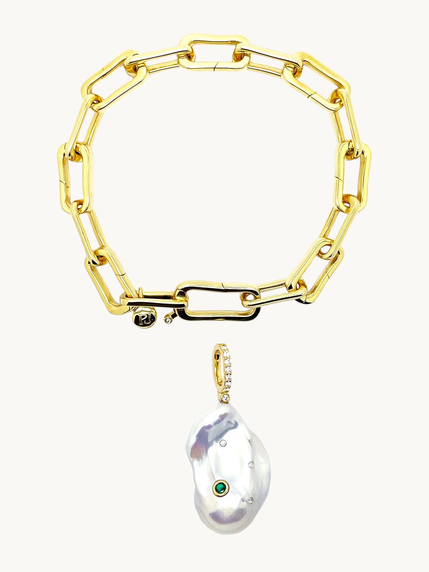 18k Gold Vermeil Link Bracelet with Green Diamond Pearl