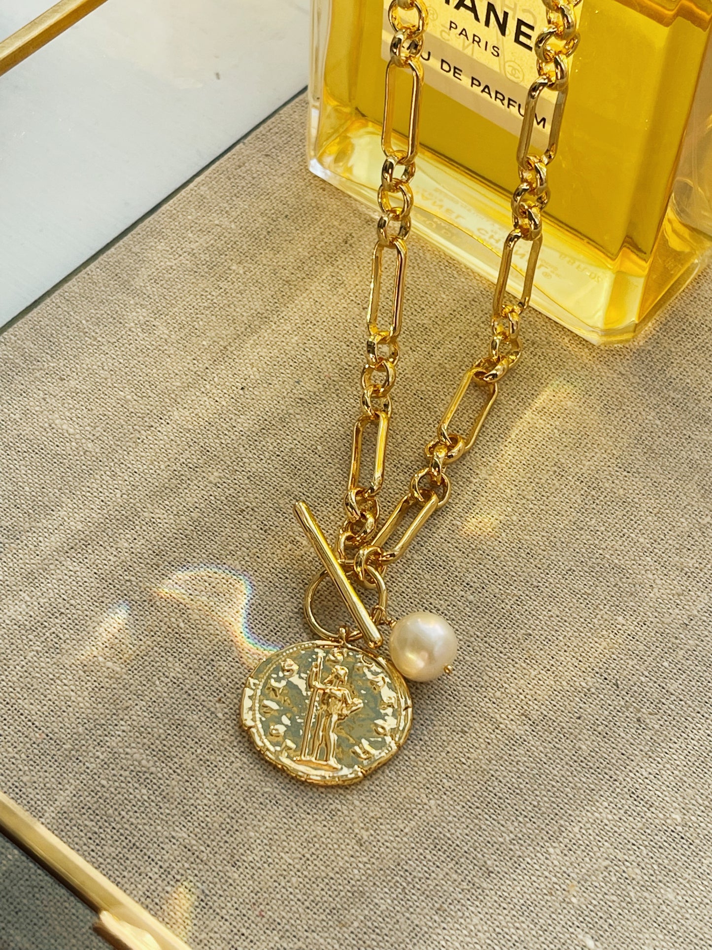 18k Gold Plated Coin Necklace with Small White Pearl